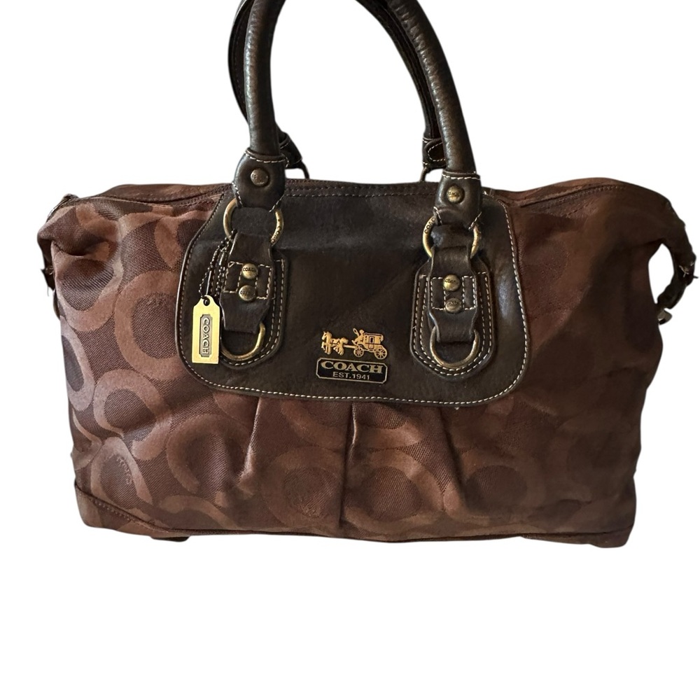 Coach Signature Monogram Satchel Brown, w Leather Handles & Shoulder Strap